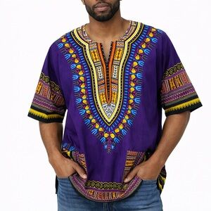 Mama & Papa Purple African Tribal Colorful Dashiki 100% CottonTop Unisex Large